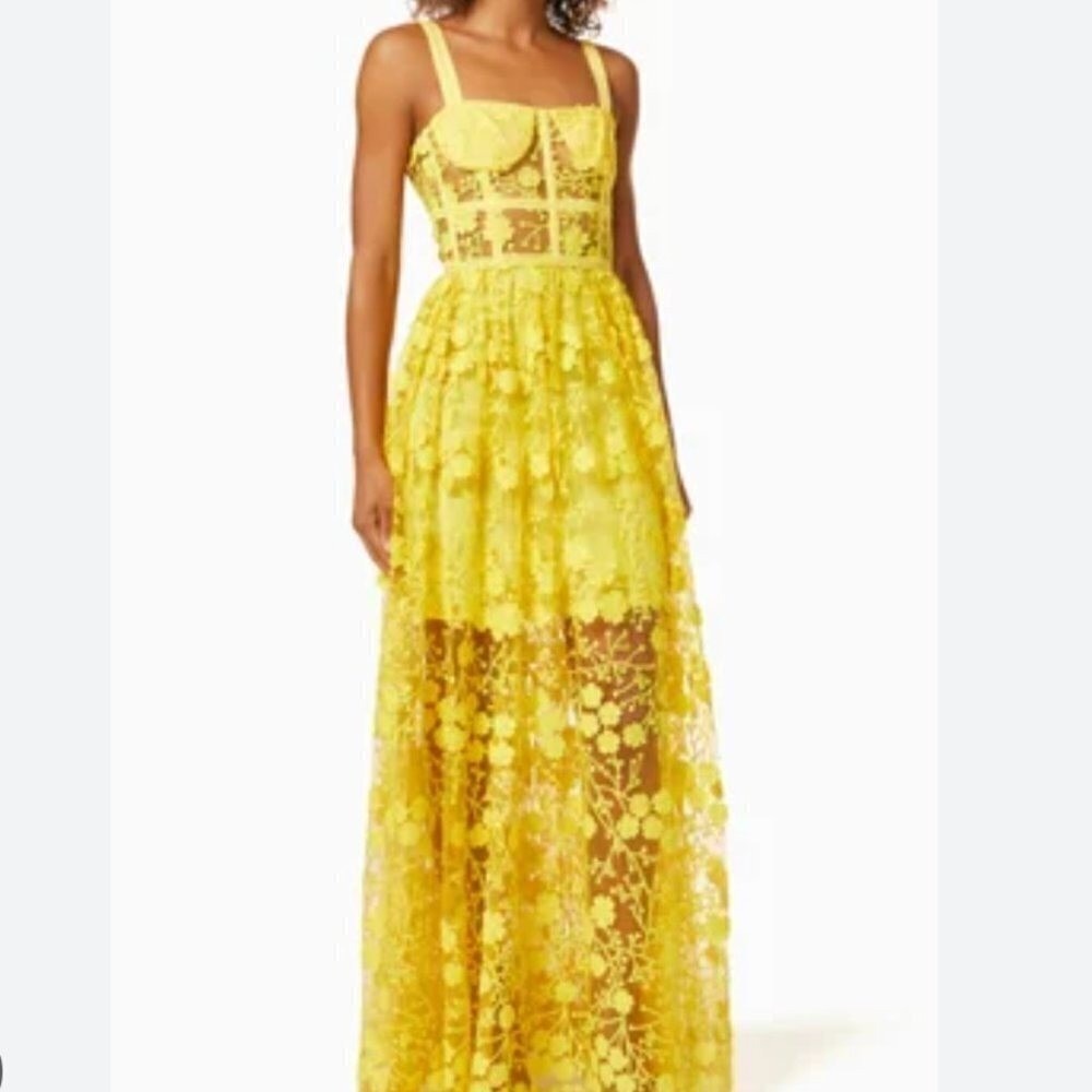Bronx and Banco Yellow Floral Lace Corset Maxi Dress Sleeveless Square Neck | XL